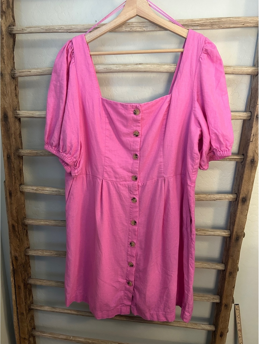 Old Navy Pink Button-Front Puff Sleeve Dress with Pockets XL